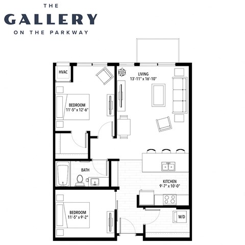 Floor plan for 1 bed, 1 bath, 935 sqft